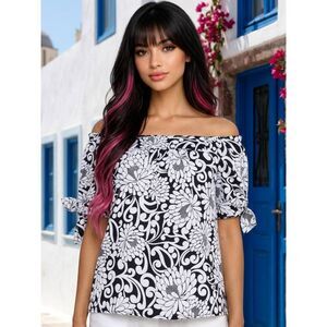 💜Allison Taylor Black & White Floral Print Tie Sleeve Top Small